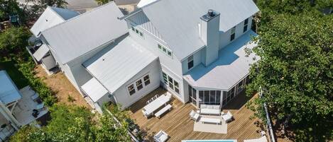 Aerial view from back of house, private 1000 sq ft deck with plunge pool.