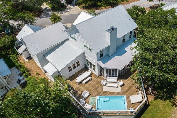 Aerial view from back of house, private 1000 sq ft deck with plunge pool.