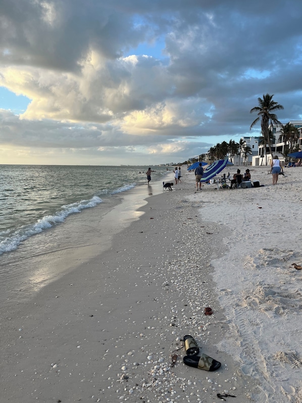 Beach is right across the street—easy crossing, wagon to tote your chairs & gear