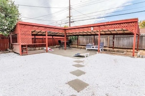 Big backyard with 20ft Patio cover with outdoor dining table/chairs.