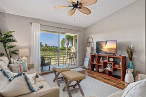 This inviting living room is an ideal spot to chill after a fun day in St. Pete 