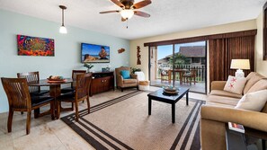 Living area with tile floors, Ceiling fan