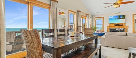 Open concept kitchen, living room and dining room with expansive ocean views.  