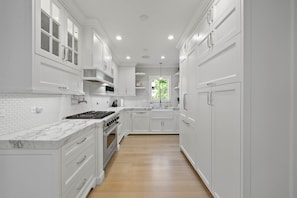 Pristine Kitchen, fully appointed with double thick Honed Marble.