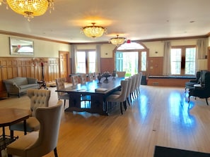 Welcome! Our Great Hall is over 1000 Sq. Ft. Custom 19X5 Oak table & Fireplace