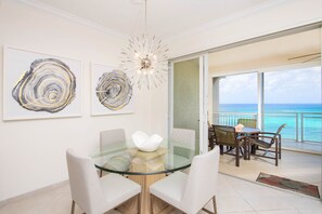 Dine indoors or out on the balcony. 