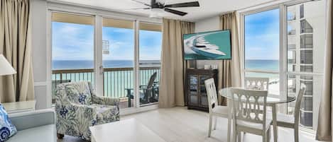 Amazing and unobstructed views of the ocean, beach, sky and the sunsets offered through the balcony, living room and kitchen. Note that everything you see in this picture here is brand new…