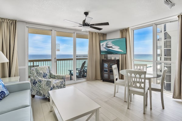 Amazing and unobstructed views of the ocean, beach, sky and the sunsets offered through the balcony, living room and kitchen. Note that everything you see in this picture here is brand new…