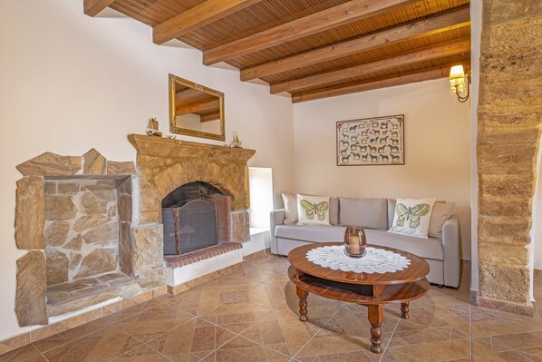 Living room with a sofa-bed and the main fireplace.