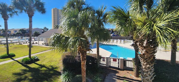 View of the pool from the balcony.