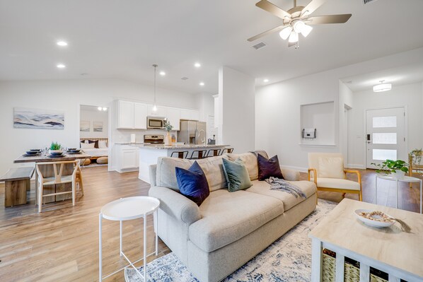 Open floor plan of kitchen looking out onto the living room.