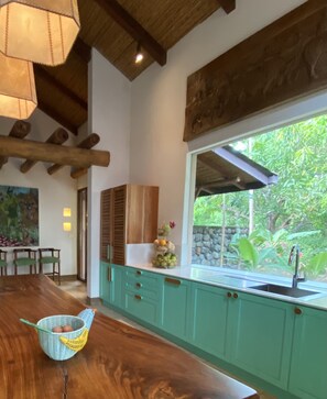 The kitchen overlooking our banana, mango and papaya trees.