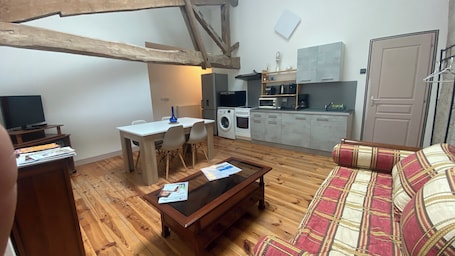 Une piĂšce de vie de 25mÂČ, canapĂ© convertible, espace repas, une cuisine Ă©quipĂ©e