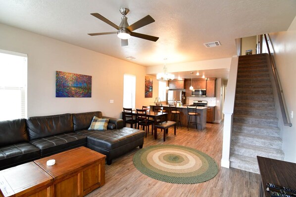 Living, dining and kitchen area