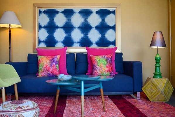 Living room - comfortable Danish-built sofa, looking out over Melbourne.