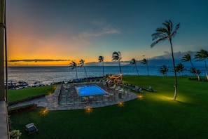 Looking out over pool at sunset.