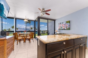 Kitchen island with granite countertops.
