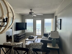 View from kitchen into living area 