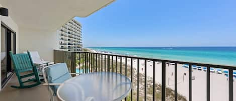 Couples love the view from the large balcony.