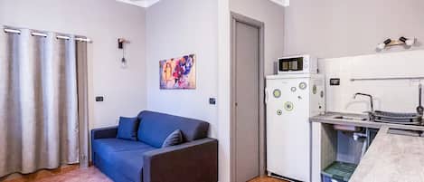 Living room with double sofa bed, flat screen TV and built-in wardrobe. There is an induction kitchenette, complete with all necessities and also equipped with microwave and kettle. 