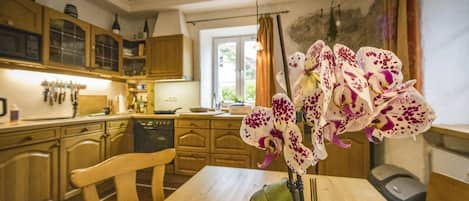 Ferienwohnung, 100qm, 2 Schlafzimmern, Kamin, Terrasse, Sauna und Garten-Blick in die Küche