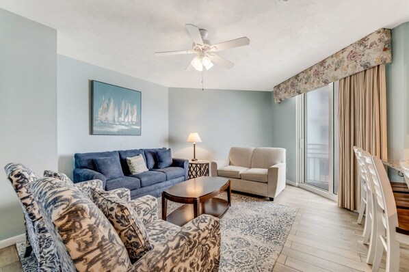 Spacious living area with ocean facing balcony