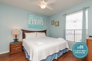 Sleep better at Padre Escapes with our exclusive Clean Bed Promise; providing fresh linens, comforters, and towels washed at high temperatures exceeding CDC recommendations, setting us apart for a truly restful vacation