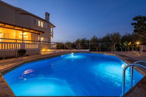 Our pool is 7.6x4.5x1.25 m connected with garden, patio, and BBQ area