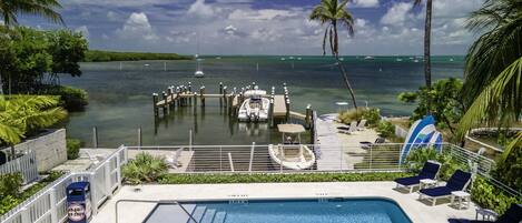 Community pool with great views and fire pit with seating