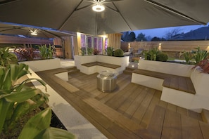 Garden sitting area in evening