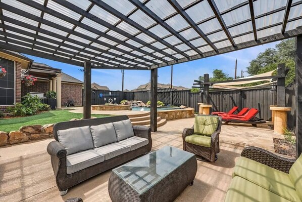 Whether you’re looking here for your morning coffee or your happy hour sangria, take advantage of this spacious patio space!