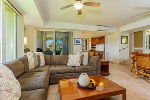 Sunken living room with lots of seating