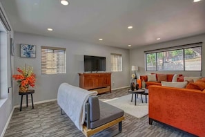 Lots of light in this colorful family room. 