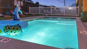 Private pool with customized lighting. Heating option great for cooler evenings