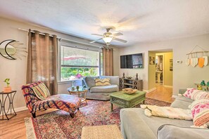 Living Room | Gated Property | Boho Decor | 4 Mi to Beach