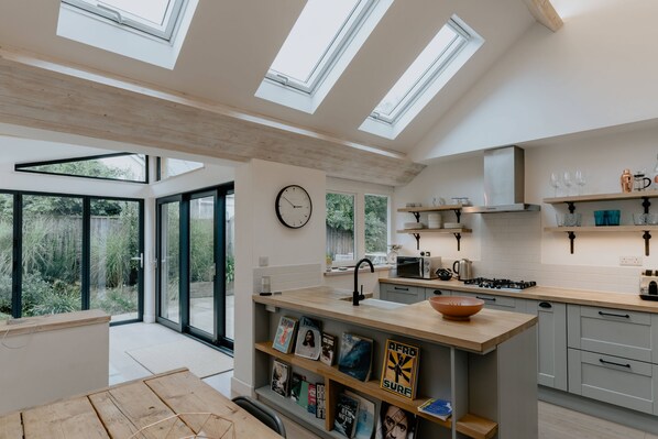 Light bright spacious open plan kitchen dining