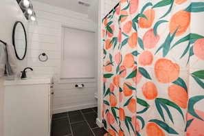 Rub-a-dub-dub—this tub’s just peachy! Soak, unwind, and enjoy a splash of charm with our adorable peach-themed shower curtain. It’s the perfect blend of fun and relaxation, adding a sweet touch to your stay. You’ll be feeling peachy in no time!