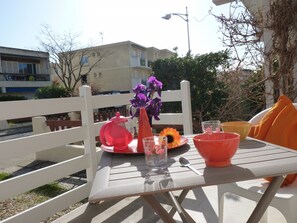 Pleasant sunny terrace in the morning for breakfast