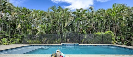 Private backyard, Large Pool with fully fenced backyard.