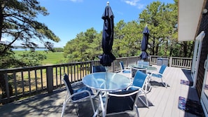 Large deck has table and chairs and a gas grill