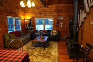 Lazy Moose Log Cabin has a wam, rustic interior.