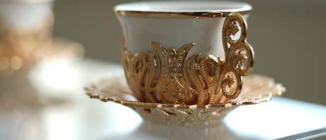 Down to every detail...gold encapsulated teacups imported from Turkey.