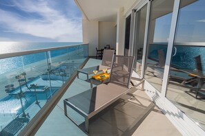 Two chaise lounges offer a comfortable septa to relax and enjoy views from the patio.