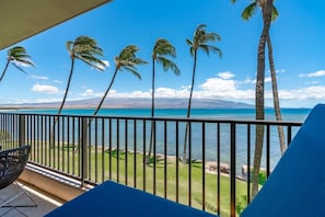 Spacious patio looks across Maalaea Bay to Mount Haleakala and South Maui