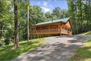 Serenely surrounded by trees on a gorgeous grass landing deck wrapped cabin