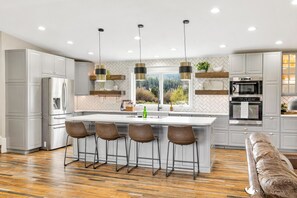 kitchen with built in eating area