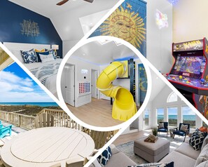 Game room, arcade, slide, beachfront and luxury retreat.