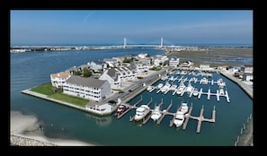 Town home is in the foreground with the marina on right, State Park-ocean at top