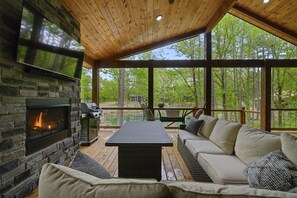 Look at the view of the trees and pond!