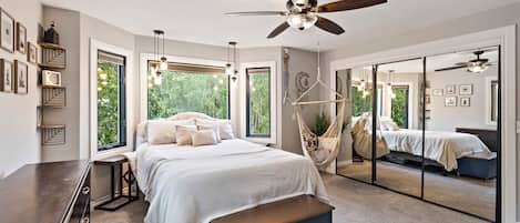 30 large closet mirrors for getting ready! And swing chair to relax with a book or tablet.